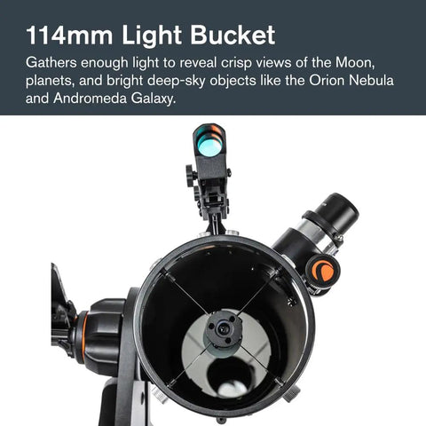 Close-up of StarSense Explorer 114AZ App Enabled Telescope for Beginners with Smartphone Dock and Sky Tour, 114mm aperture.