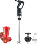 Beast 750W Commercial Immersion Blender With 20 Inch Shaft Copper Motor Variable Speed 304 Stainless Steel Blade Pro Grade Hand Stick Mixer shown with accessories and ingredients like tomatoes and smoothie.