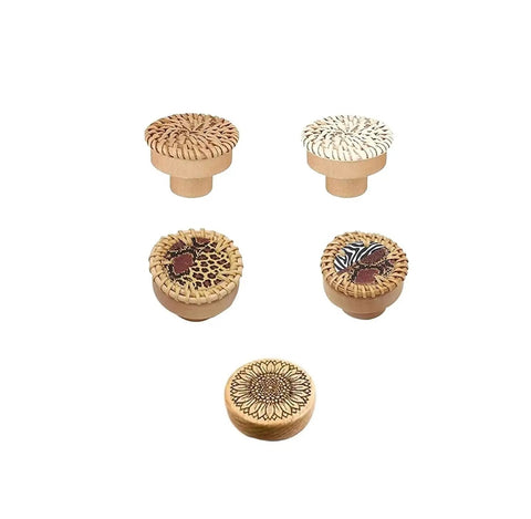 Rattan Wood Cabinet Knob Set Handmade Wicker Round Drawer Pulls With Screws Wardrobe Dresser Handles, 5 decorative designs