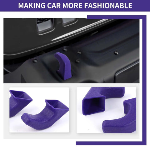 Purple Bumper Tow Hook Covers Set Two Pack Compatible With 2007 To 2018 Jeep Wrangler JK JKU And 2018 To 2026 JL JLU And Jeep Gladiator JT Exterior Accessories That Look Real Cool showing installed and detached views of covers on black bumper