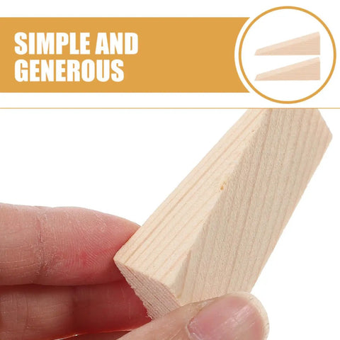 Two Pack Wooden Door Stopper Wedge Triangular Floor Block Beige Compact Design held between fingers