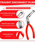 4-Piece Auto Electrical Disconnect Pliers Set With Storage Box for Push Tab Connectors, straight pliers with red handles.