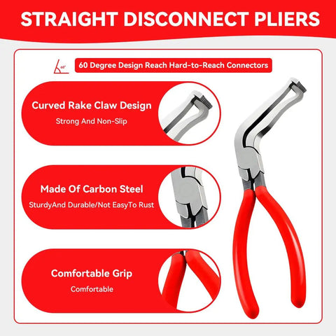 4-Piece Auto Electrical Disconnect Pliers Set With Storage Box for Push Tab Connectors, straight pliers with red handles.