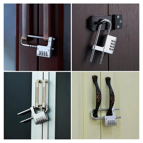 Beefy Heavy Duty Combination Padlock For Cabinets And Lockers Stainless Steel Lock With Adjustable Shackle From 1.6 Inches To 3.8 Inches Weather Resistant For Outdoor Gym School Fence And Locker Security shown on various lockers and cabinets.