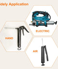 Hand, electric, and air grease guns shown in diagram for various applications.