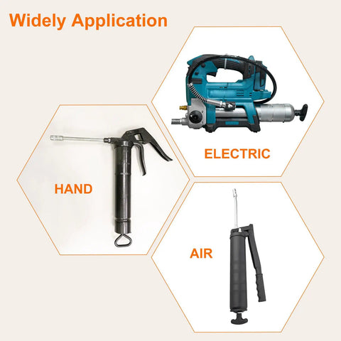 Hand, electric, and air grease guns shown in diagram for various applications.