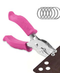 Durable 1/4 Inch Single Hole Punch For Crafts And Office Tasks, handheld metal cutter with pink soft grip, 5 clamp rings shown