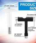 Image showing the Multifunction Skate Tool Kit for skateboards, scooters, and roller skates, highlighting product dimensions and sockets.