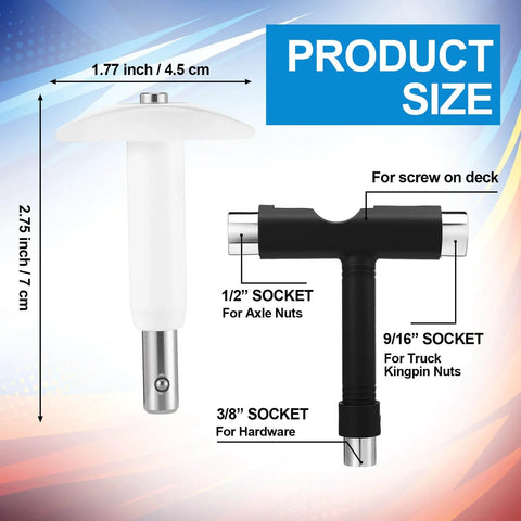 Image showing the Multifunction Skate Tool Kit for skateboards, scooters, and roller skates, highlighting product dimensions and sockets.