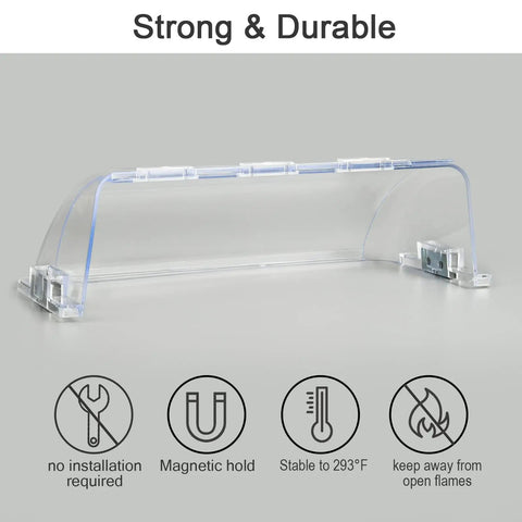 Adjustable Magnetic Vent Deflectors for Home Vents 8 to 14 Inches with icons for durability and magnetic hold on a floor, wall, or ceiling vent.