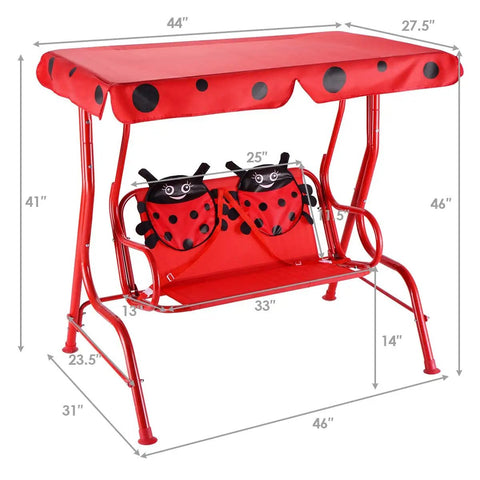 Porch Swing For Two Children With Adjustable Canopy And Safety Belts For All Weather Outdoor Patio Hammock Bench In Red Ladybug Pattern