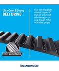 Close-up of steel reinforced belt drive for Bulletproof Smart Garage Door Opener With Smooth Belt Drive Plus Reliable Battery Backup.
