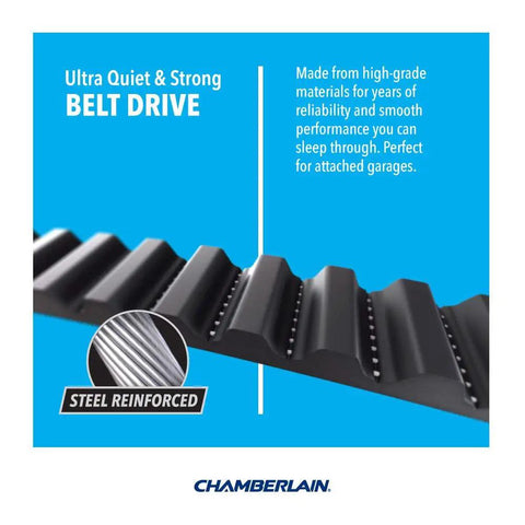 Close-up of steel reinforced belt drive for Bulletproof Smart Garage Door Opener With Smooth Belt Drive Plus Reliable Battery Backup.