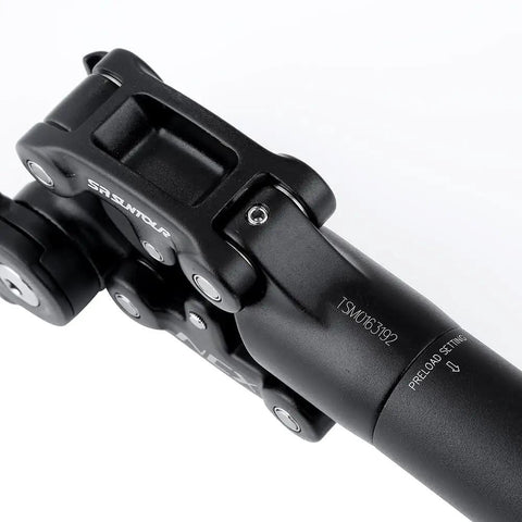Close-up of black Suspension Seat Post With Protective Cover 27.2mm By 350mm for mountain bikes, showing durable aluminum core.