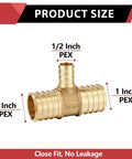 Five Pack Lead Free Brass PEX Crimp Tee Fittings 1 Inch by 1 Inch By 1 Inch for PEX Tubing, size display.