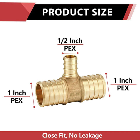 Five Pack Lead Free Brass PEX Crimp Tee Fittings 1 Inch by 1 Inch By 1 Inch for PEX Tubing, size display.