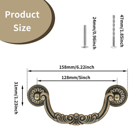 4Pcs Vintage Bronze Bail Drop Drawer Pulls With Screws, 6.22 Inch Total Length, detailed size dimensions and screws shown.