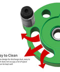 Detailed view of the No Fuss Self Centering Doweling Jig Kit Boasting Anodized Aluminum Body and Heavy Duty High Speed Steel Bushings, green design.