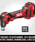 Build Ready 12V Brushless Auto Hammer Kit Delivers Hella Compact Form Factor With Smooth Cordless Operation Includes Rapid USB C Battery Pack, showing red auto hammer and battery.