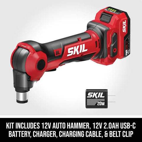 Build Ready 12V Brushless Auto Hammer Kit Delivers Hella Compact Form Factor With Smooth Cordless Operation Includes Rapid USB C Battery Pack, showing red auto hammer and battery.