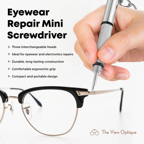 Eyewear Repair Mini Screwdriver held over black glasses, compact design for quick repairs, part of Fresh Eyes On The Go Lens Cleaning And Repair Kit.