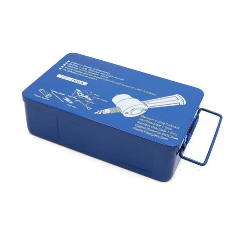 Blue case containing Heavy Duty Double Head Metal Sheet Nibbler And Hole Cutter Tool Kit for auto car repair and home garage use.