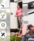 Keyless RV Door Lock With Backlit Keypad And 2 Remote Fobs For Travel Trailers And Campers, shown in use on camper door