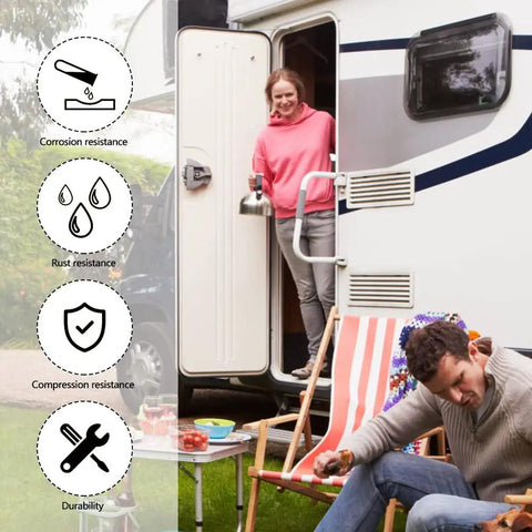 Keyless RV Door Lock With Backlit Keypad And 2 Remote Fobs For Travel Trailers And Campers, shown in use on camper door
