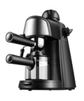 Top Shelf Household Espresso Coffee Machine Featuring Solid Build Stainless Steel Steam Milk Frother For Rich Cappuccino And Creamy Latte Daily Grind Black Finish close-up view with coffee portafilter and glass container.