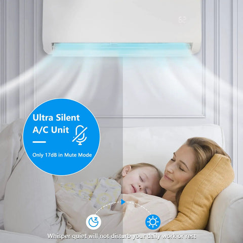 12000 BTU Mini Split Air Conditioner With Inverter 19 Seer Ductless Heat Pump cooling a family living room with kids sleeping.