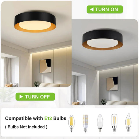 Black And Gold Flush Mount Ceiling Light With Glass Drum Shade Sixteen Point Five Inch Sleek Modern Round Fixture turned on and off in a minimalist living room.