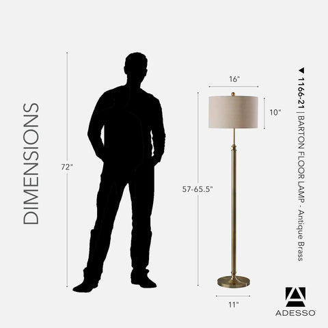 Antique Brass Floor Lamp With Oatmeal Linen Shade, Adjustable Height Up To 65.5 Inches, Ideal Accent Light, size comparison chart