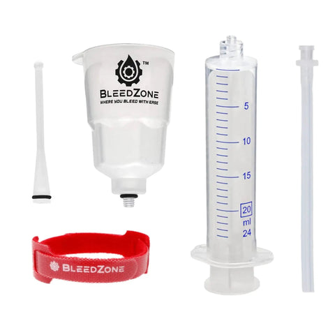 Shimano Hydraulic Brake Bleed Kit With Reusable Funnel Silicone Hose And Syringe Stopper components including 20ml syringe and funnel.