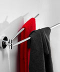 Spacious Dual Arm Swinging Towel Bar Offering Effortless 180 Degree Pivot Wall Mount Design For Quick Wet And Dry Hanging Bumper Proof Setup With Glossy Chrome Finish with red and gray towels.