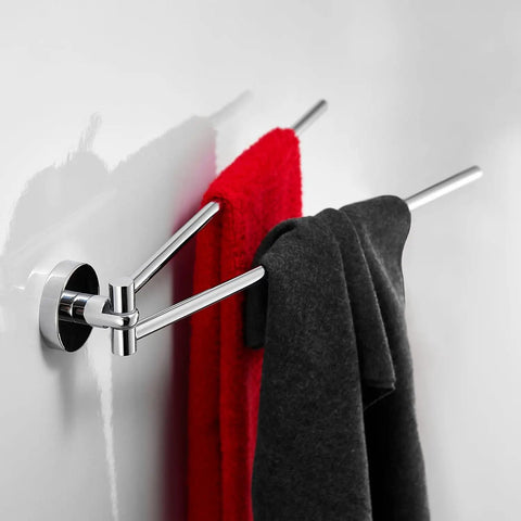 Spacious Dual Arm Swinging Towel Bar Offering Effortless 180 Degree Pivot Wall Mount Design For Quick Wet And Dry Hanging Bumper Proof Setup With Glossy Chrome Finish with red and gray towels.