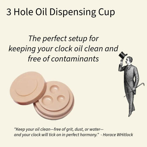 Pro Grade Clock Oil Kit For Cleaning And Lubing Movements, oil dispensing cup with three holes, part of home clock care set.