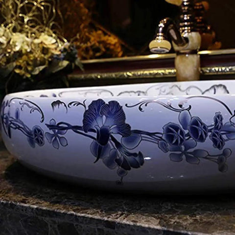 Heavy Duty Morning Glory Oval Bathroom Sink Crafted From Glossy Ceramic Featuring No Splash Countertop Mount And Sloped Drainage For Easy Cleanup and Total Powder Room Vibes with floral design.