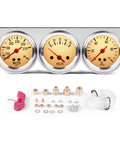 Front view of a 52mm chrome three-gauge set: water temp 100–280°F, volts 8–16V, oil pressure 0–100 PSI with fittings