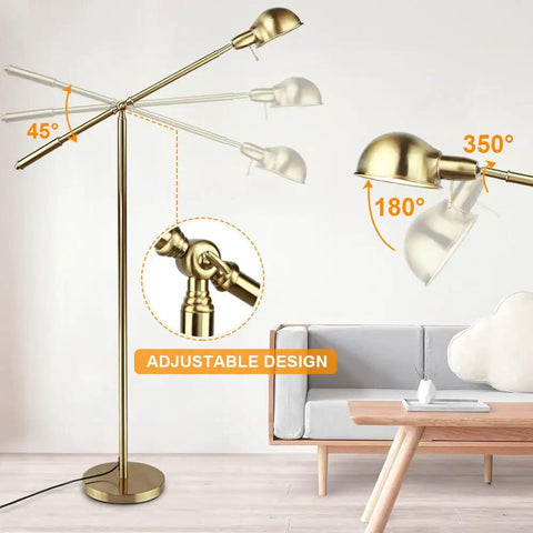 Metal Floor Lamp With Adjustable Swing Arm Reading Light, 9W Brass Task Lamp For Living Room, Bedroom And Office displayed with 45° and 350° rotation angles