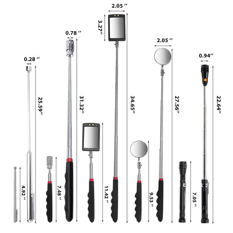 5-piece telescoping magnetic pick up tool with 1 lb and 15 lb rod, inspection mirrors, LED flashlight, ideal gift for dads and grads
