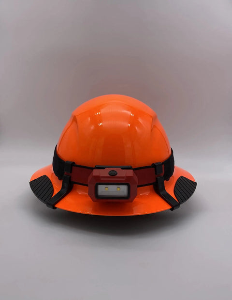 Full Brim Hard Hat Clips For Lift Brand Helmets, Patent Pending And Front Back Size Options, USA Made, showing headlamp secured