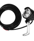 Electric Bike Front Light For Ebikes, 6V To 60V DC Compatible, 30 Lux Brightness, Two Pin Connector, 1.5 Meter Cable displayed.