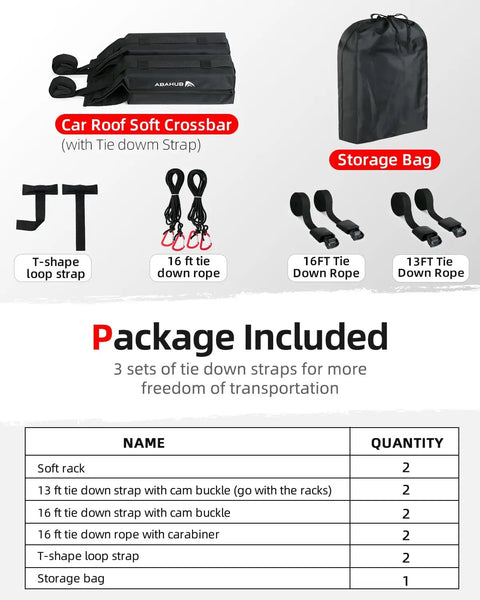 Soft Roof Rack Pad Kit Dope For Surfboard Kayak And Canoe With 2 Tie Down Straps 2 Ropes Hood Loops And Storage Bag Heavy Duty Roof Rack System For Cars SUVs And More 32 Inch package contents displayed with storage bag and tie down ropes.