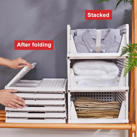 Five Pack Stackable Closet Storage Boxes With Lids, showing folded and stacked boxes, durable plastic for clothes and accessories