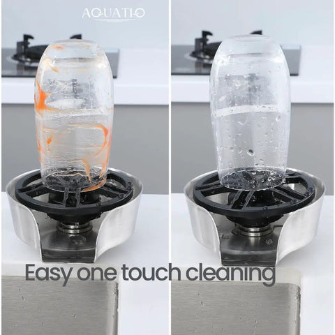 No Fuss Two In One Sink Glass Rinser Stainless Steel Cup Washer with 360 Reach Pull Out Spray Head for Glasses and Plates, shown rinsing a glass.
