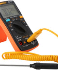 Go To Digital Multimeter Tester AN8009 with Bag and Backlit LCD Display showing voltmeter reading with probe attached