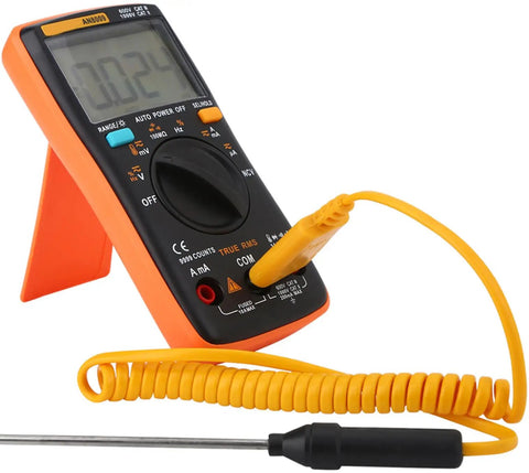 Go To Digital Multimeter Tester AN8009 with Bag and Backlit LCD Display showing voltmeter reading with probe attached