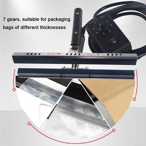 Heavy Duty Heat Sealer Machine With Adjustable Temp Control And Safety Bracket For Secure Bag sealing Across Various Materials Including 200MM Width For Home And Kitchen Use showing 7 gears and packaging bags.