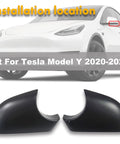 One Pair Premium Abs Side View Mirror Covers For Tesla Model Y at installation location, featuring durable black ABS material.