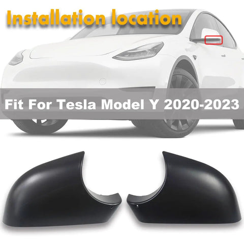 One Pair Premium Abs Side View Mirror Covers For Tesla Model Y at installation location, featuring durable black ABS material.